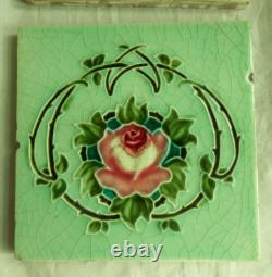 Set of 6 Original Antique Art Nouveau Green Tile Pink stylised flower Richards