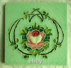 Set of 6 Original Antique Art Nouveau Green Tile Pink stylised flower Richards