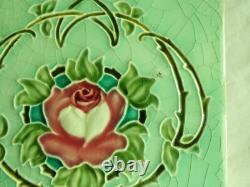 Set of 6 Original Antique Art Nouveau Green Tile Pink stylised flower Richards