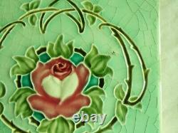 Set of 6 Original Antique Art Nouveau Green Tile Pink stylised flower Richards