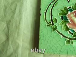Set of 6 Original Antique Art Nouveau Green Tile Pink stylised flower Richards