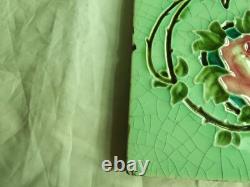 Set of 6 Original Antique Art Nouveau Green Tile Pink stylised flower Richards