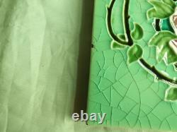 Set of 6 Original Antique Art Nouveau Green Tile Pink stylised flower Richards