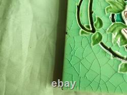 Set of 6 Original Antique Art Nouveau Green Tile Pink stylised flower Richards
