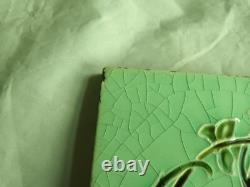 Set of 6 Original Antique Art Nouveau Green Tile Pink stylised flower Richards