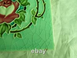 Set of 6 Original Antique Art Nouveau Green Tile Pink stylised flower Richards