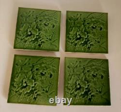 Set of Four 4 x Victorian / Art Nouveau Green Majolica Tiles