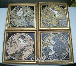 Set of Four Maw & Co Framed Art Nouveau Majolica Tiles FOUR SEASONS