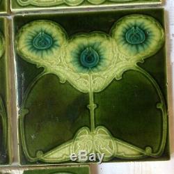 Seven Antique Green Art Nouveau Macintosh Style Fireplace Tiles