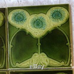 Seven Antique Green Art Nouveau Macintosh Style Fireplace Tiles