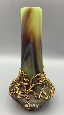 Sevres Glass Vase Lithyalin Agate Marbled Art Nouveau Ormolu Gilt Mount Bohemian