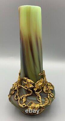 Sevres Glass Vase Lithyalin Agate Marbled Art Nouveau Ormolu Gilt Mount Bohemian