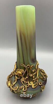 Sevres Glass Vase Lithyalin Agate Marbled Art Nouveau Ormolu Gilt Mount Bohemian