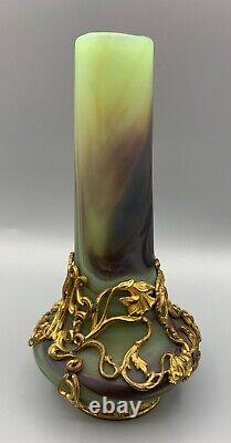 Sevres Glass Vase Lithyalin Agate Marbled Art Nouveau Ormolu Gilt Mount Bohemian