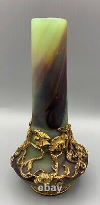 Sevres Glass Vase Lithyalin Agate Marbled Art Nouveau Ormolu Gilt Mount Bohemian