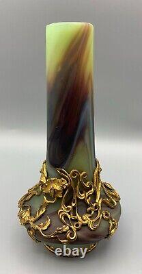 Sevres Glass Vase Lithyalin Agate Marbled Art Nouveau Ormolu Gilt Mount Bohemian