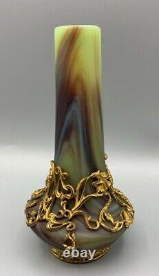 Sevres Glass Vase Lithyalin Agate Marbled Art Nouveau Ormolu Gilt Mount Bohemian