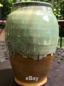 Shearwater Pottery High Glaze Vase Mottled Green & Tan Impressed HallMark
