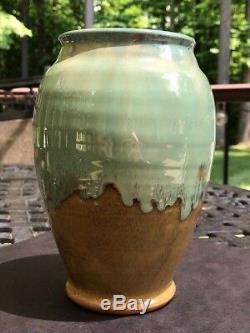 Shearwater Pottery High Glaze Vase Mottled Green & Tan Impressed HallMark