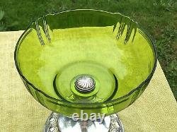 Signed WMF Art Nouveau silver metal stand and green glass fruit bowl compote