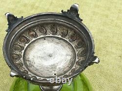 Signed WMF Art Nouveau silver metal stand and green glass fruit bowl compote