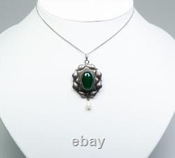 Silver Antique Art Nouveau Pendant Green Agate Pearl