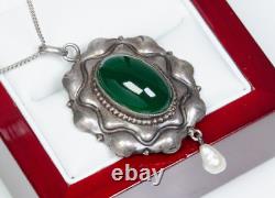 Silver Antique Art Nouveau Pendant Green Agate Pearl