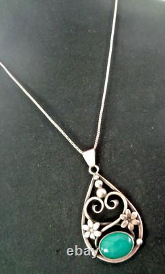Silver Danish Art Nouveau Green Chalcedony Pendant Kurt C Herman Dehli c1970s