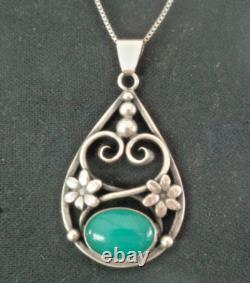 Silver Danish Art Nouveau Green Chalcedony Pendant Kurt C Herman Dehli c1970s