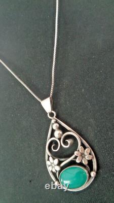 Silver Danish Art Nouveau Green Chalcedony Pendant Kurt C Herman Dehli c1970s