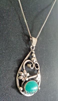 Silver Danish Art Nouveau Green Chalcedony Pendant Kurt C Herman Dehli c1970s