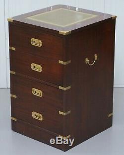 Small Harrods London Military Campaign Mahogany & Green Leather Filing Cabinet
