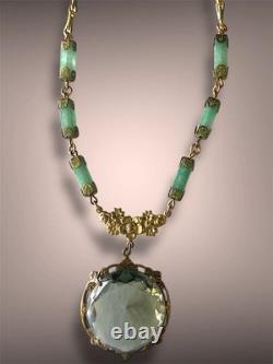 Smokey Green Art Nouveau Czech Glass Brass Floral Jade Gemstone Necklace