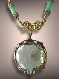 Smokey Green Art Nouveau Czech Glass Brass Floral Jade Gemstone Necklace