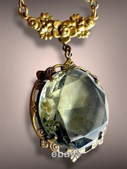 Smokey Green Art Nouveau Czech Glass Brass Floral Jade Gemstone Necklace