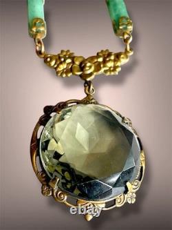 Smokey Green Art Nouveau Czech Glass Brass Floral Jade Gemstone Necklace