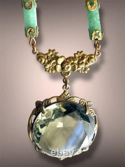 Smokey Green Art Nouveau Czech Glass Brass Floral Jade Gemstone Necklace