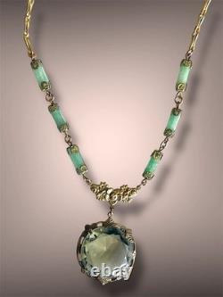 Smokey Green Art Nouveau Czech Glass Brass Floral Jade Gemstone Necklace