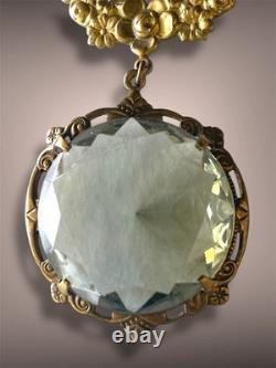 Smokey Green Art Nouveau Czech Glass Brass Floral Jade Gemstone Necklace