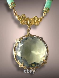 Smokey Green Art Nouveau Czech Glass Brass Floral Jade Gemstone Necklace