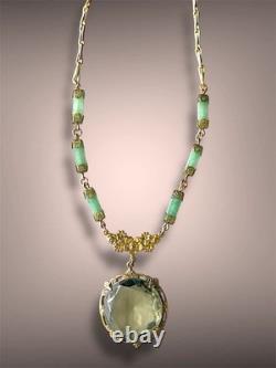 Smokey Green Art Nouveau Czech Glass Brass Floral Jade Gemstone Necklace