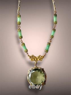 Smokey Green Art Nouveau Czech Glass Brass Floral Jade Gemstone Necklace