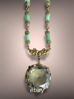 Smokey Green Art Nouveau Czech Glass Brass Floral Jade Gemstone Necklace