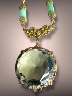 Smokey Green Art Nouveau Czech Glass Brass Floral Jade Gemstone Necklace