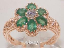 Solid 9ct Rose Gold Natural Emerald & Diamond Art Nouveau style Ring