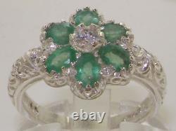 Solid 9ct White Gold Ladies Emerald & Diamond Vintage Art Nouveau Flower Ring