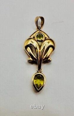 Solid 9ct Yellow Gold & Green Quartz Art Nouveau Pendant Necklace