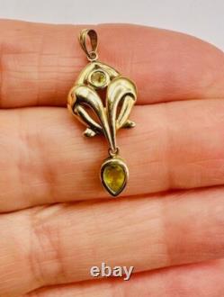 Solid 9ct Yellow Gold & Green Quartz Art Nouveau Pendant Necklace