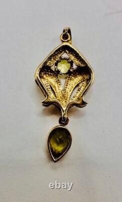 Solid 9ct Yellow Gold & Green Quartz Art Nouveau Pendant Necklace
