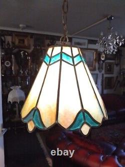 Stained Slag Glass Lamp Shade, Swag Hanging Pendant Green Art Nouveau/ Retro